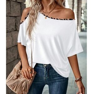 Leopard Print One Shoulder Oversized Short Sleeve Top